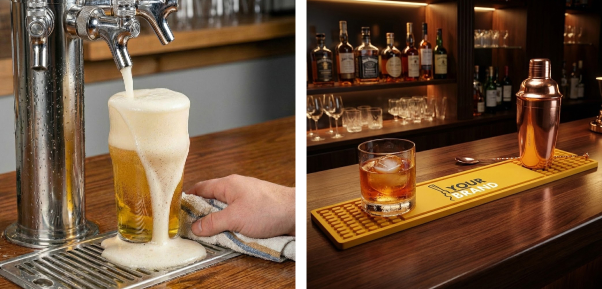 Bartender pouring a draft beer next to a branded custom bar mat with a cocktail shaker