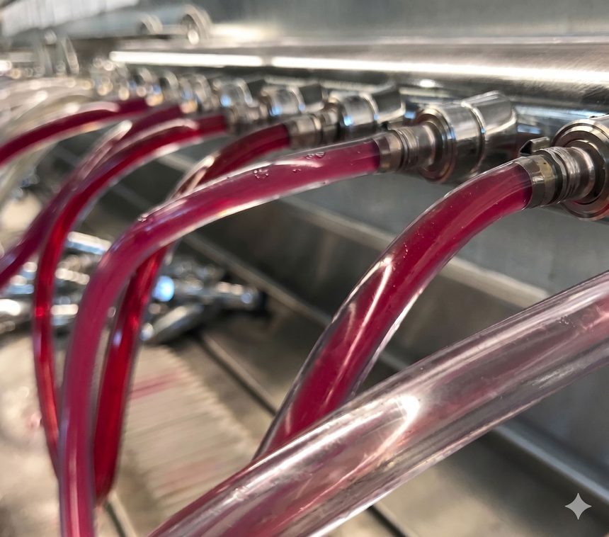 Beer line cleaning procedure diagram showing required parts fresh water bucket rubber gloves safety glasses and four-step setup