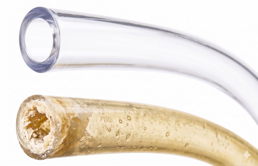 Side by side comparison of a clean clear draft beer line (top) versus a heavily contaminated dirty beer line clogged with yeast and biofilm buildup (bottom)