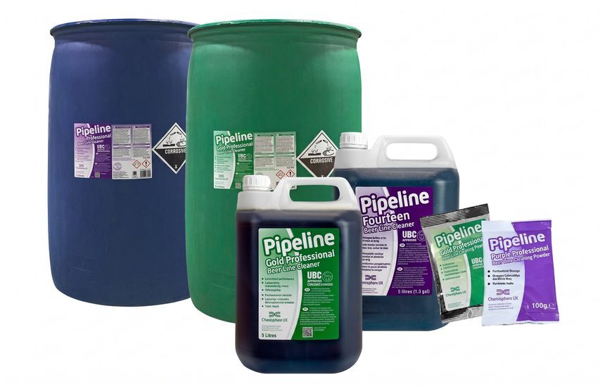 Pipeline beer line cleaning product range showing Gold Professional caustic cleaner Fourteen acid cleaner and Purple Professional powder