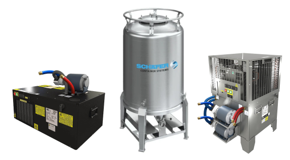 Glycol chiller units and a stainless steel fermentation tank used for brewery cold crash and fermentation temperature control