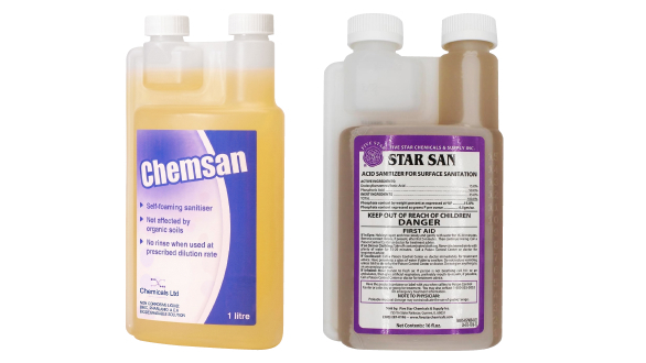 ChemSan and Star San 1 litre bottles side by side, both acid-based self-foaming no-rinse sanitizers