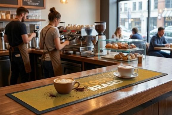 Branded bar mat under espresso cups at a coffee shop counter