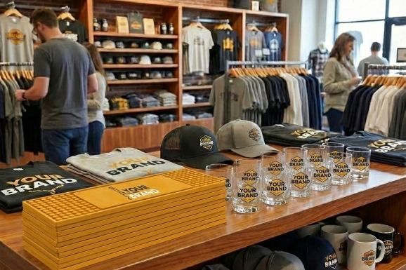 Branded bar mat displayed alongside apparel and drinkware on a retail merchandise shelf